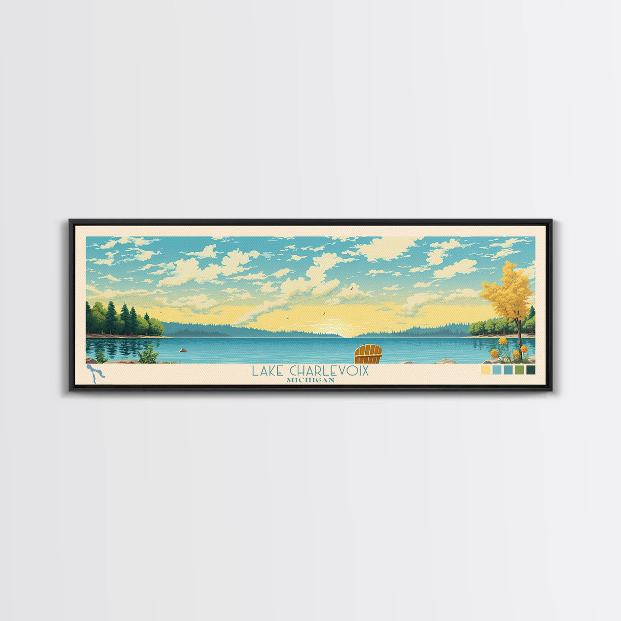 Lake Charlevoix Michigan Framed Canvas Print, Panoramic Wall Art, Midcentury Modern, Pop Art, Bedroom Decor, Travel Poster, Living Room Art