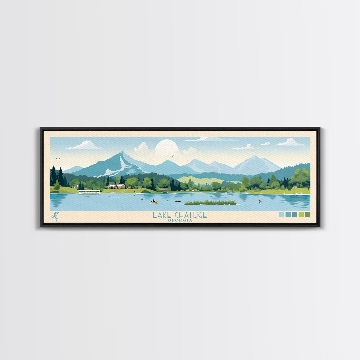 Lake Chatuge Georgia Framed Canvas Print, Panoramic Art, Midcentury Modern, Pop Art, Living Room Wall Art, Travel Poster, Lake House Decor