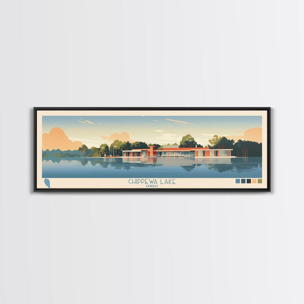 Lake Chippewa Framed Canvas Print, Panoramic Wall Art, Midcentury Modern, Pop Art, Bedroom Decor, Travel Poster, Living Room Art