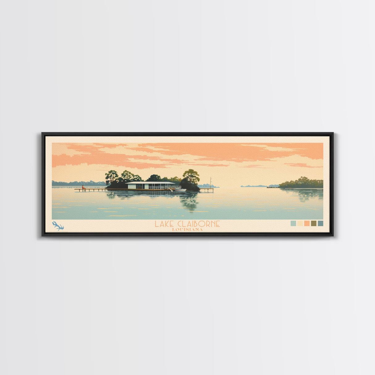 Lake Claiborne Louisiana Framed Canvas Print, Panoramic Wall Art, Midcentury Modern, Pop Art, Bedroom Decor, Travel Poster, Living Room Art