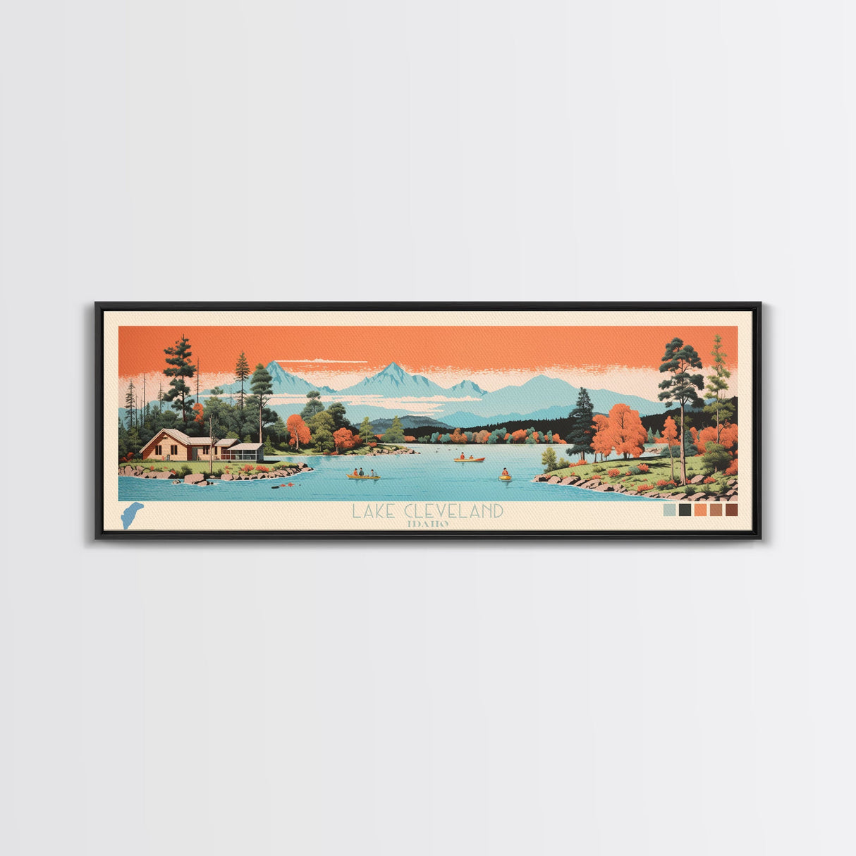 Lake Cleveland Idaho Framed Canvas Print, Panoramic Art, Midcentury Modern, Pop Art, Living Room Wall Art, Travel Poster, Lake House Decor