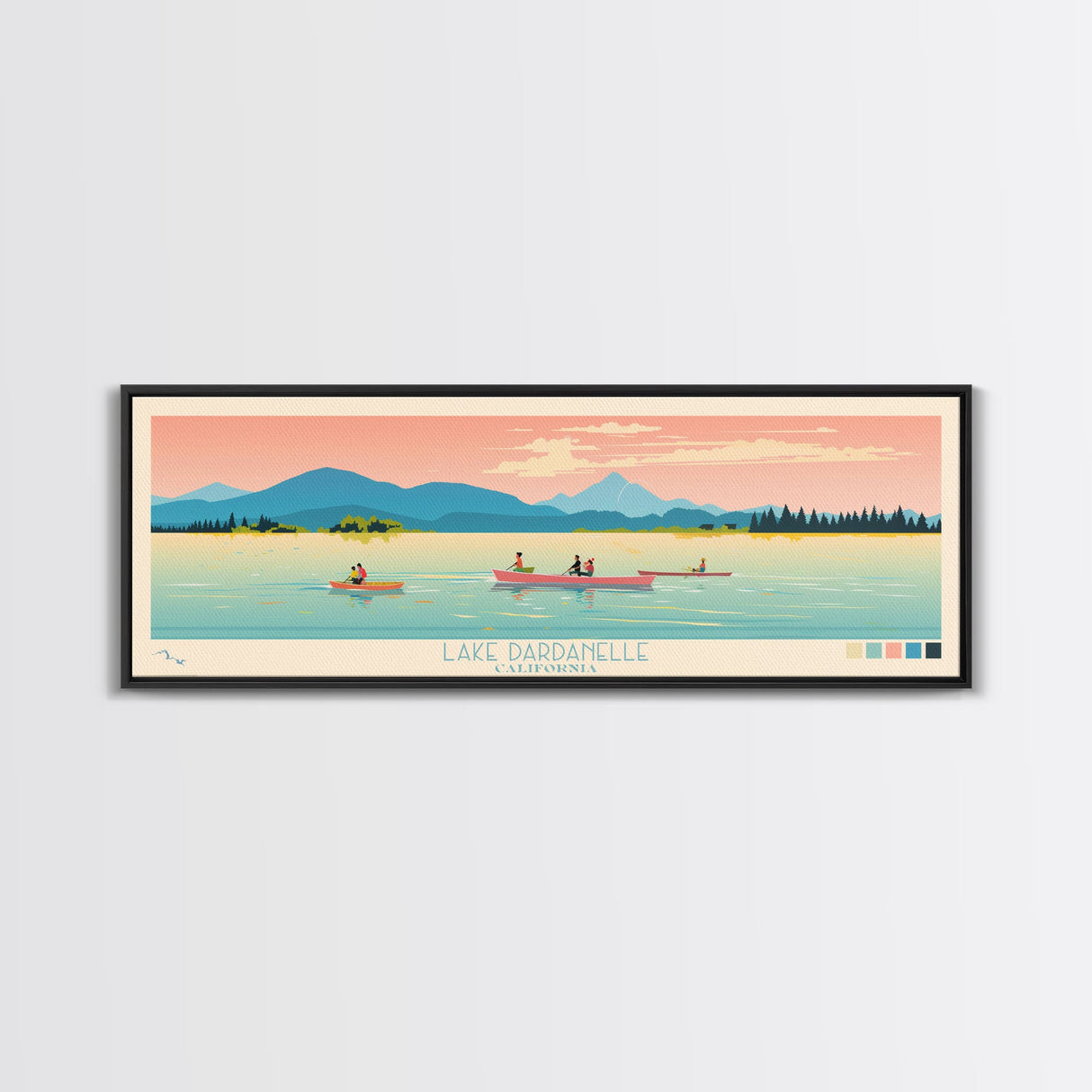 Lake Dardanelle California Framed Canvas Print, Panoramic Art, Midcentury Modern, Pop Art, Living Room Wall Art, Travel Poster, Lake House Decor