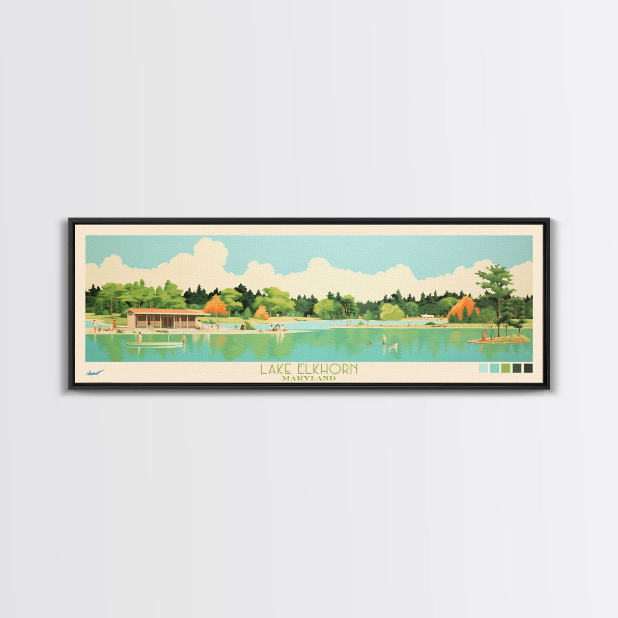 Lake Elkhorn Maryland Framed Canvas Print, Panoramic Wall Art, Midcentury Modern, Pop Art, Bedroom Decor, Travel Poster, Living Room Art