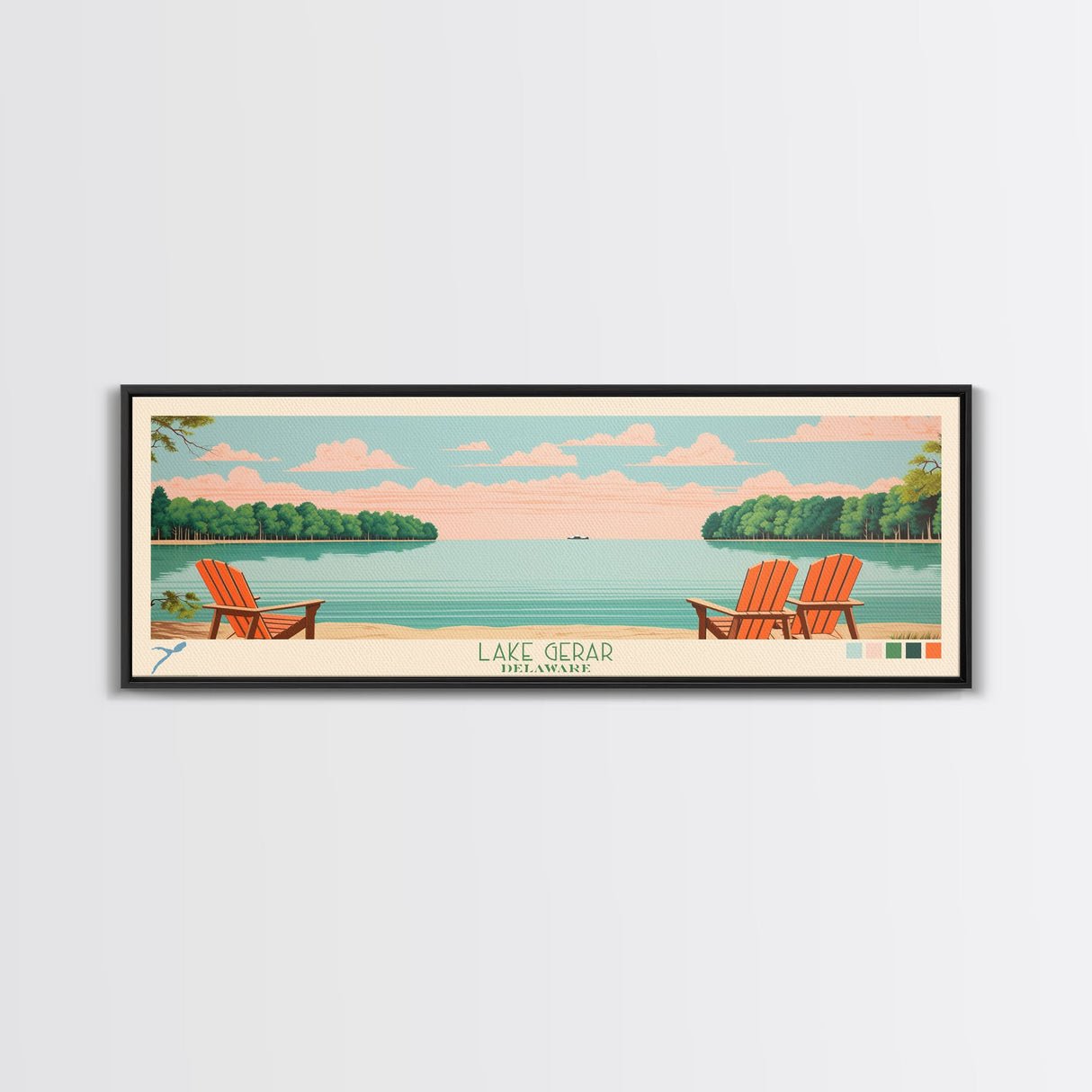 Lake Gerar Delaware Framed Canvas Print, Panoramic Wall Art, Midcentury Modern, Pop Art, Bedroom Decor, Travel Poster, Living Room Art