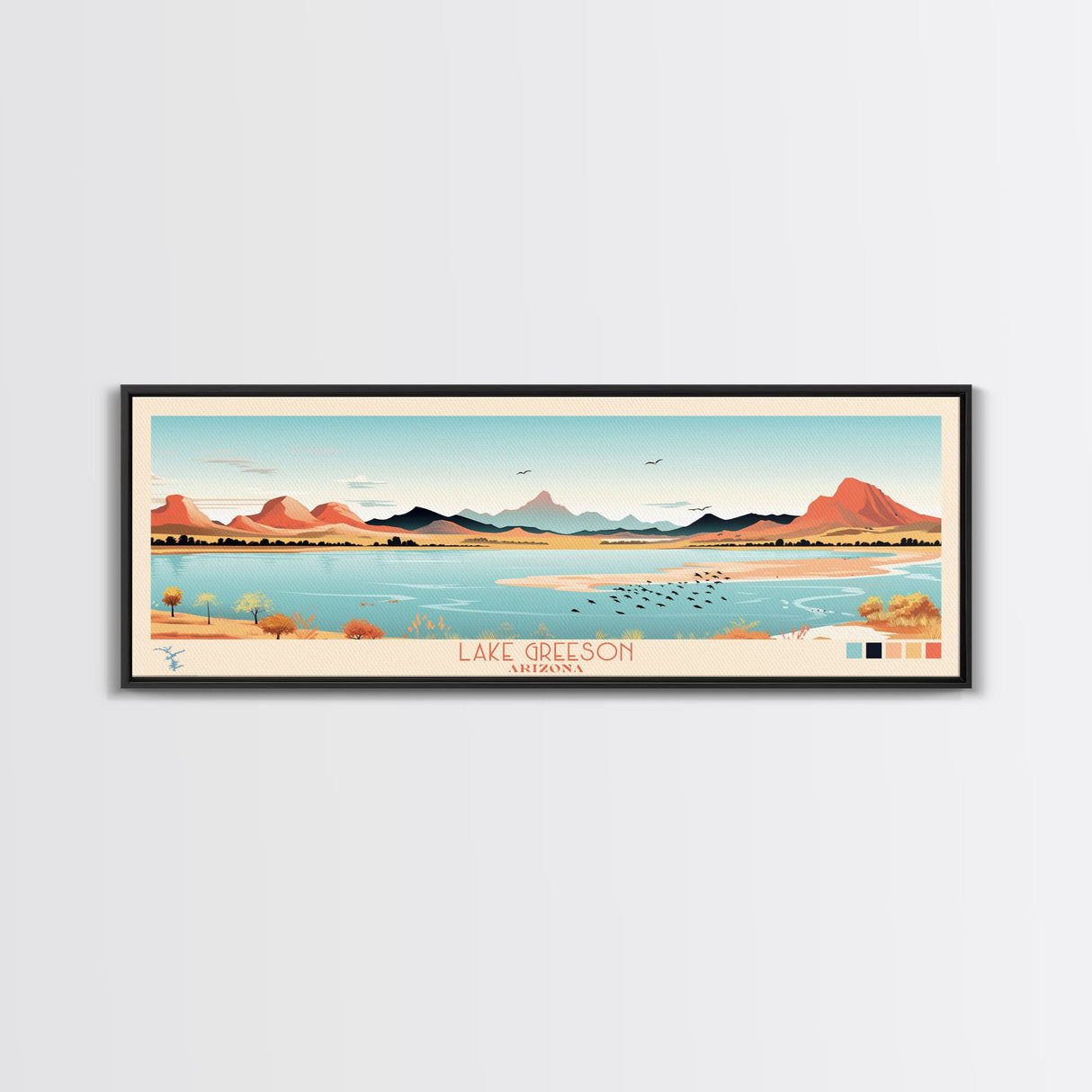 Lake Greeson Arizona Framed Canvas Print, Panoramic Wall Art, Midcentury Modern, Pop Art, Living Room Decor, Travel Poster, Bedroom Art