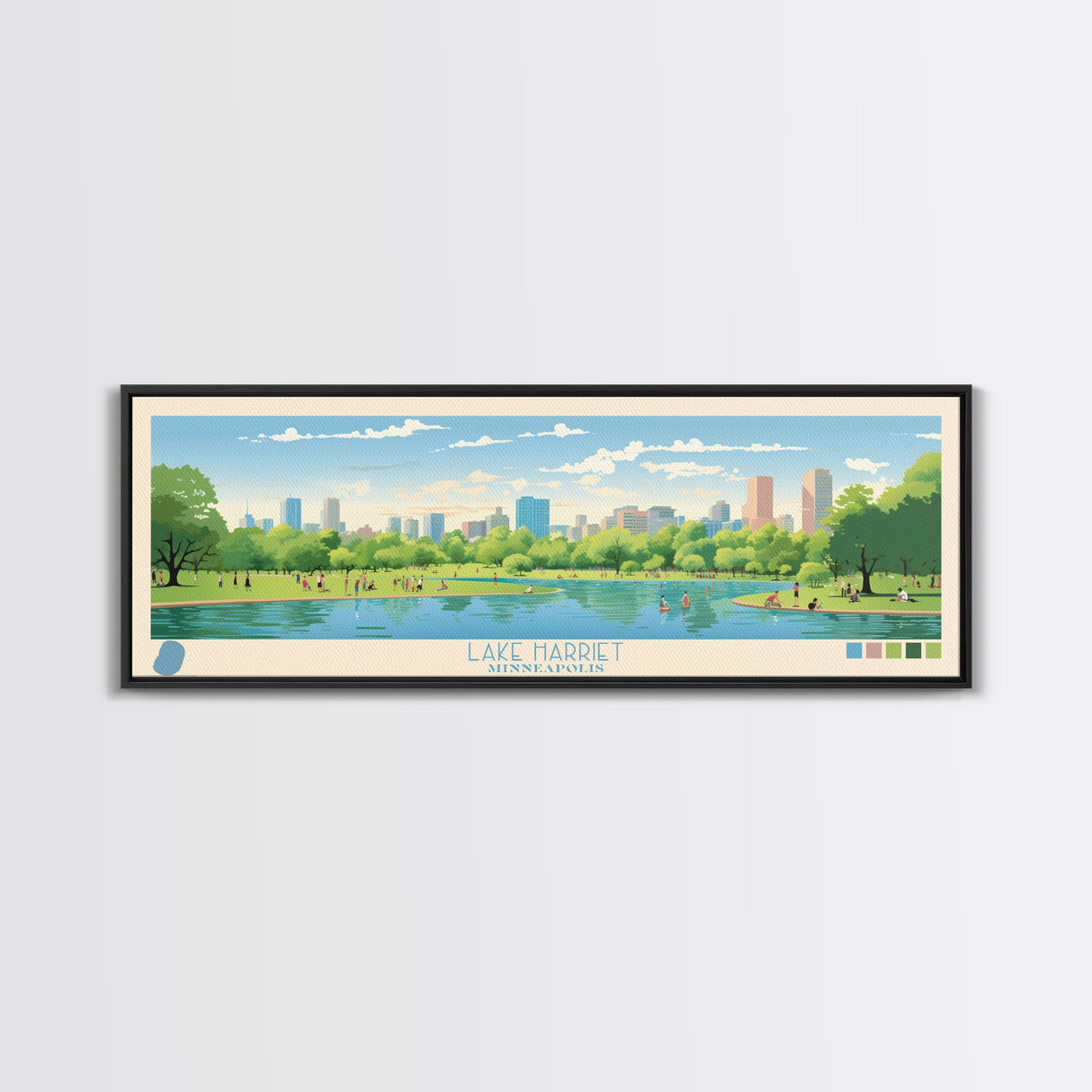 Lake Harriet Minneapolis Framed Canvas Print, Panoramic Wall Art, Midcentury Modern, Pop Art, Lake House Decor, Travel Poster, Living Room Art