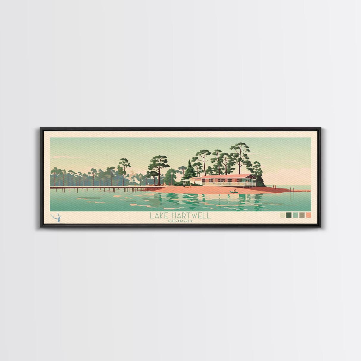 Lake Hartwell Georgia Framed Canvas Print, Panoramic Wall Art, Midcentury Modern, Pop Art, Lake House Art, Travel Poster, Bedroom Decor