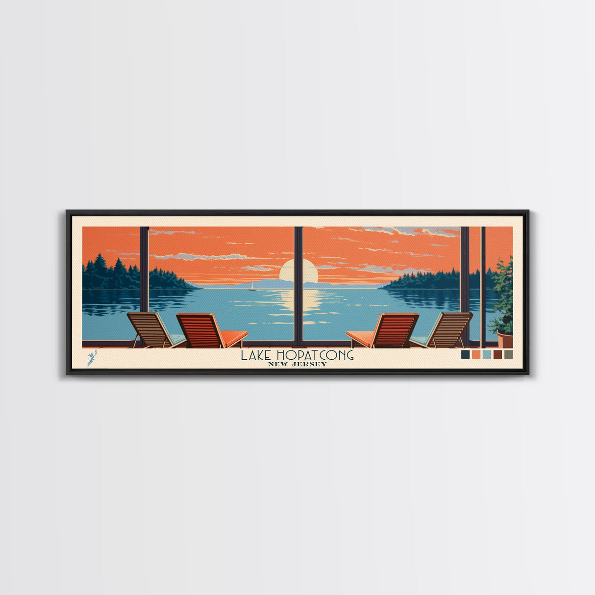 Lake Hopatcong New Jersey Framed Canvas Print, Panoramic Wall Art, Midcentury Modern, Pop Art, Living Room Decor, Travel Poster, Bedroom Art