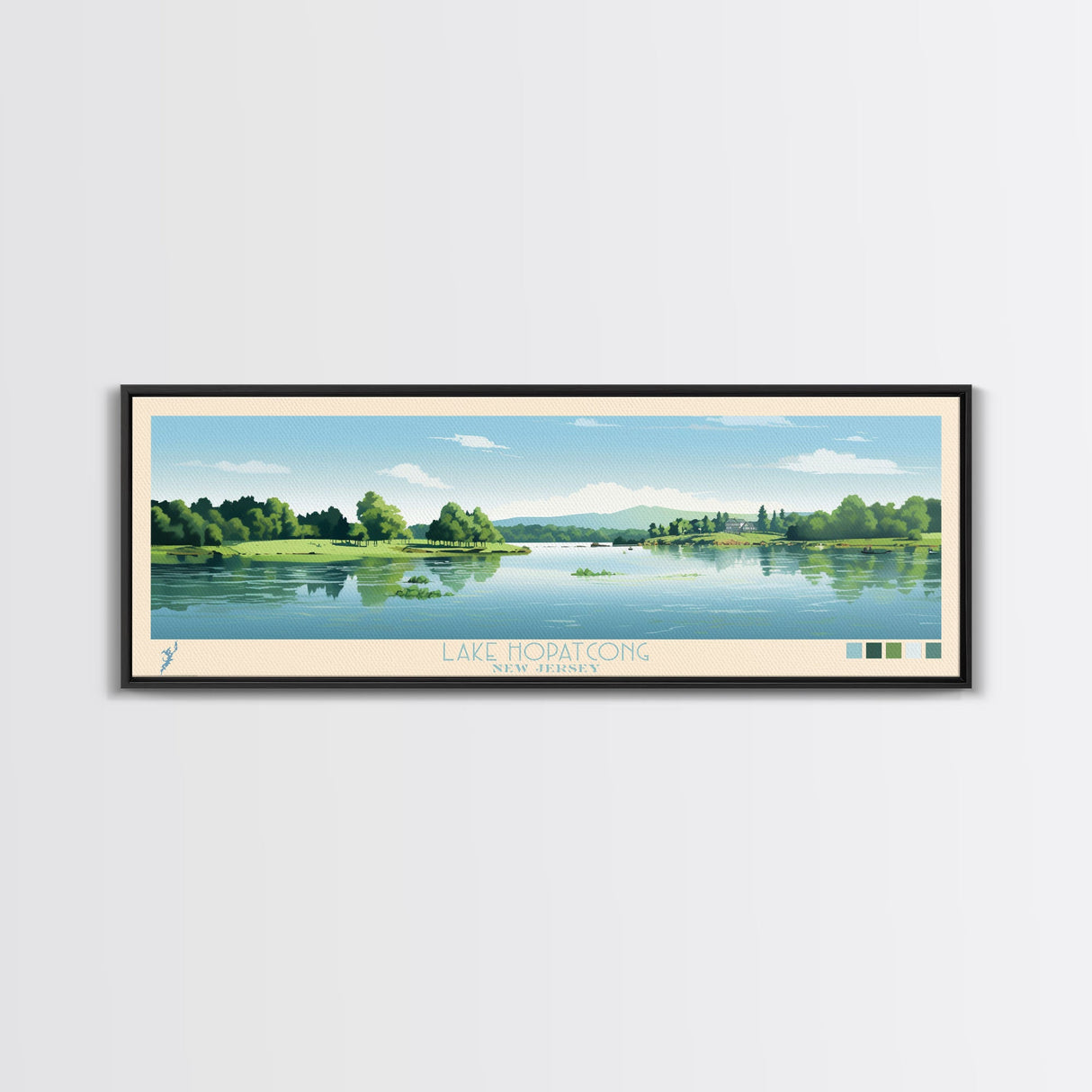 Lake Hopatcong New Jersey Framed Canvas Print, Panoramic Wall Art, Midcentury Modern, Pop Art, Lake House Decor, Travel Poster, Living Room Art