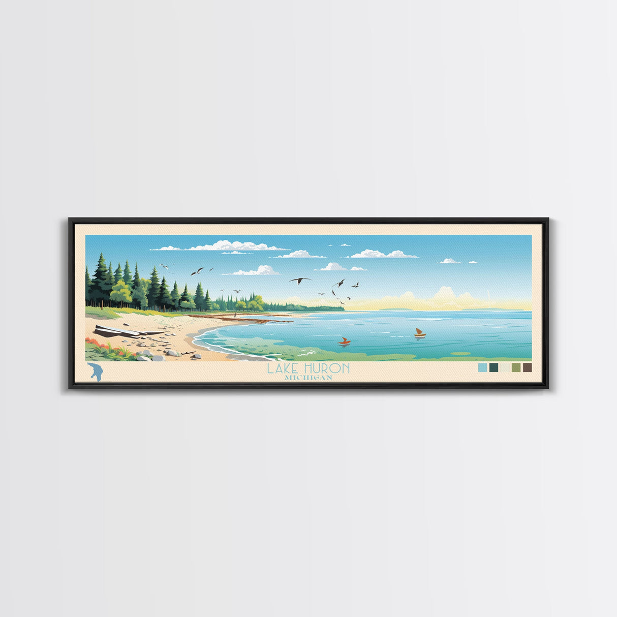 Lake Huron Michigan Framed Canvas Print, Panoramic Wall Art, Midcentury Modern, Pop Art, Living Room Decor, Travel Poster, Bedroom Art