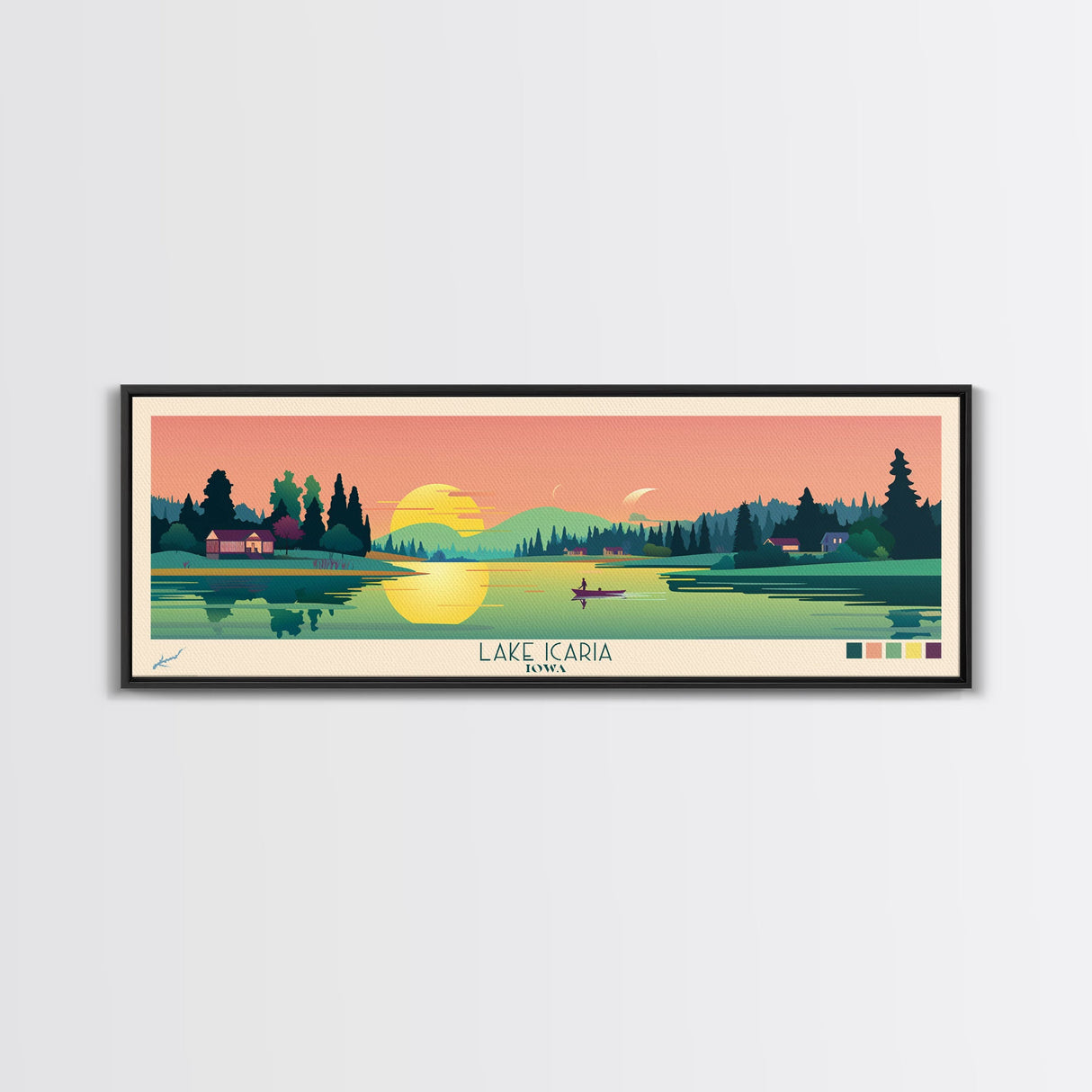 Lake Icaria Iowa Framed Canvas Print, Panoramic Wall Art, Midcentury Modern, Pop Art, Lake House Decor, Travel Poster, Bedroom Art