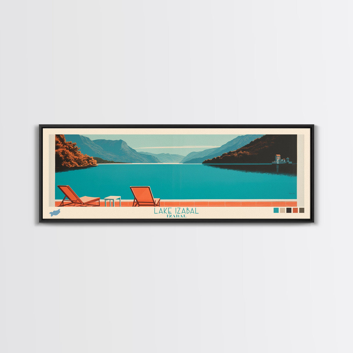 Lake Izabal Izabal Framed Canvas Print, Panoramic Wall Art, Midcentury Modern, Pop Art, Living Room Decor, Travel Poster, Bedroom Art