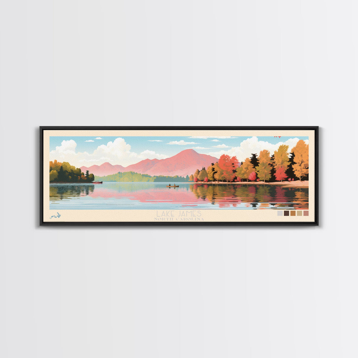 Lake James North Carolina Framed Canvas Print, Panoramic Wall Art, Midcentury Modern, Pop Art, Living Room Decor, Travel Poster, Bedroom Art