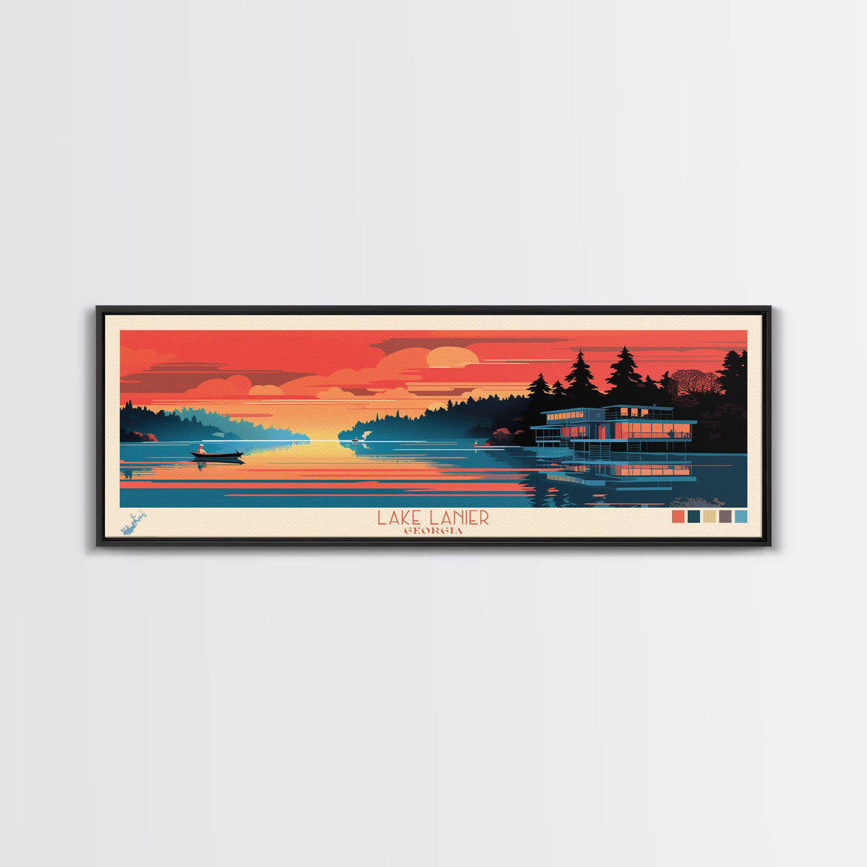 Lake Lanier Georgia Framed Canvas Print, Panoramic Wall Art, Midcentury Modern, Pop Art, Lake House Decor, Travel Poster, Bedroom Art