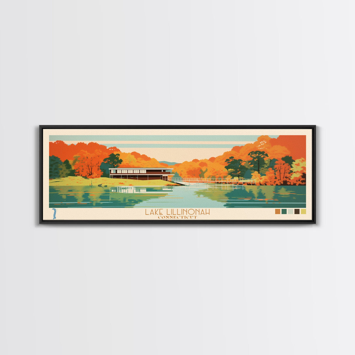 Lake Lillinonah Connecticut Framed Canvas Print, Panoramic Wall Art, Midcentury Modern, Pop Art, Living Room Decor, Travel Poster