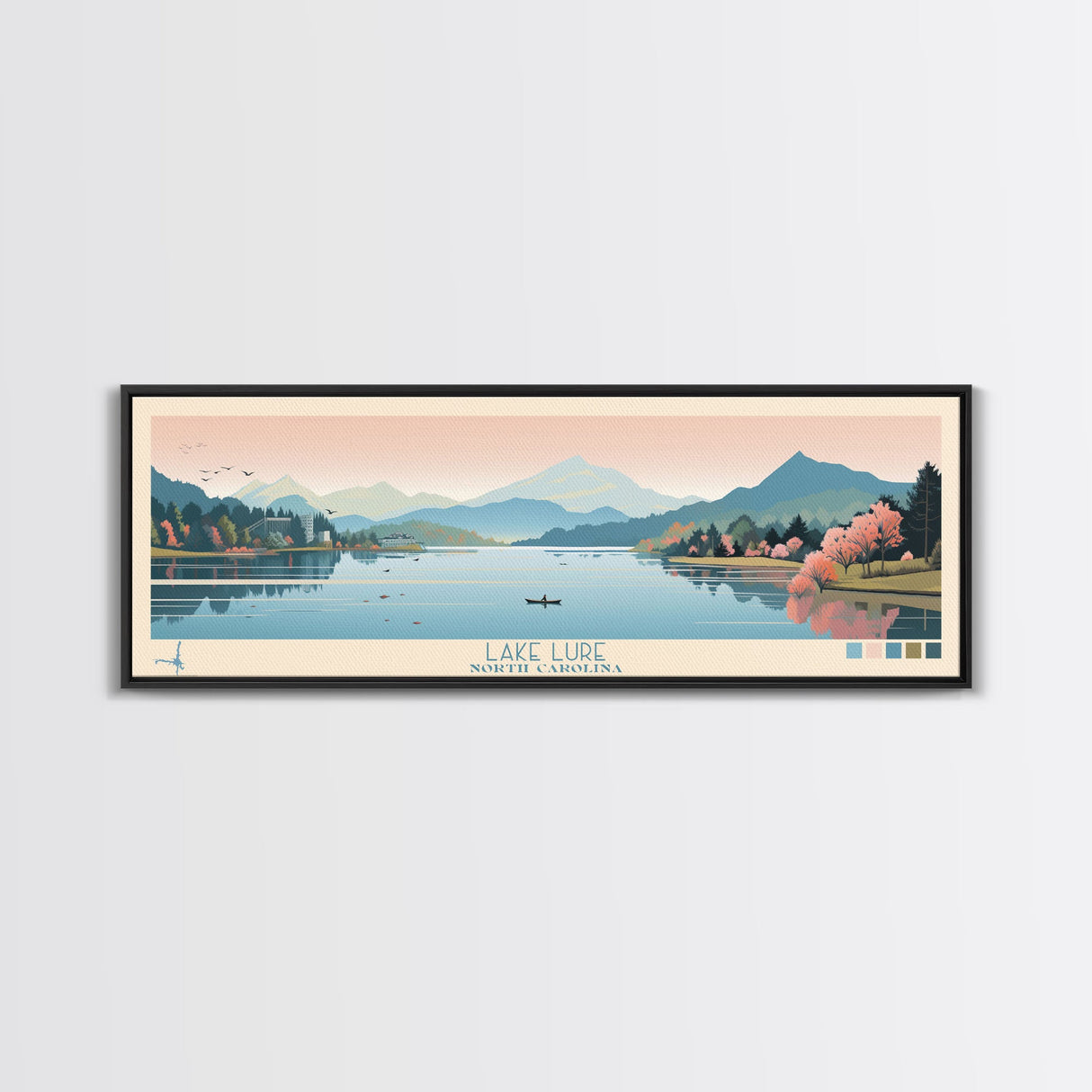 Lake Lure North Carolina Framed Canvas Print, Panoramic Wall Art, Midcentury Modern, Pop Art, Living Room Decor, Travel Poster