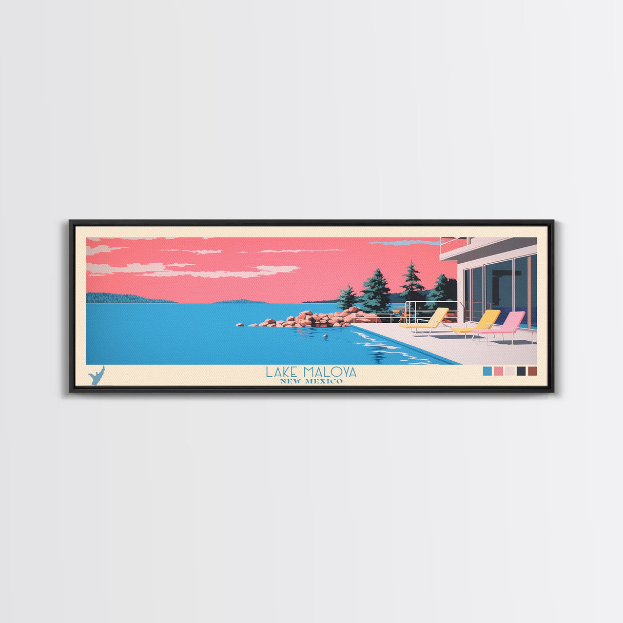 Lake Maloya New Mexico Framed Canvas Print, Panoramic Wall Art, Midcentury Modern, Pop Art, Bedroom Art, Travel Poster, Lake House Decor