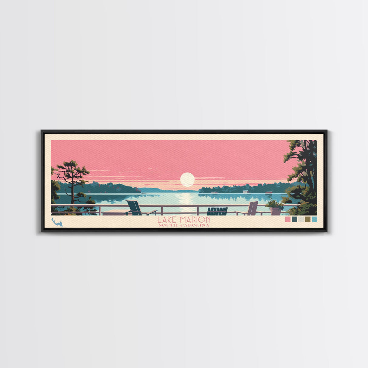 Lake Marion South Carolina Framed Canvas Print, Panoramic Wall Art, Midcentury Modern, Pop Art, Living Room Decor, Travel Poster