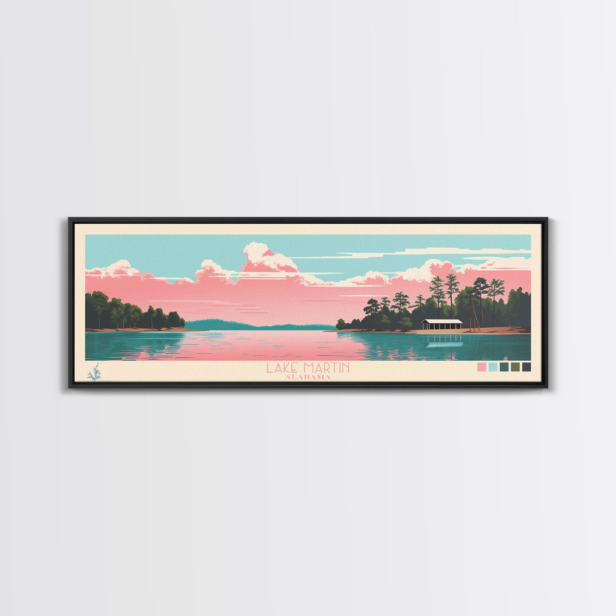 Lake Martin Alabama Framed Canvas Print, Panoramic Wall Art, Midcentury Modern, Pop Art, Living Room Decor, Travel Poster