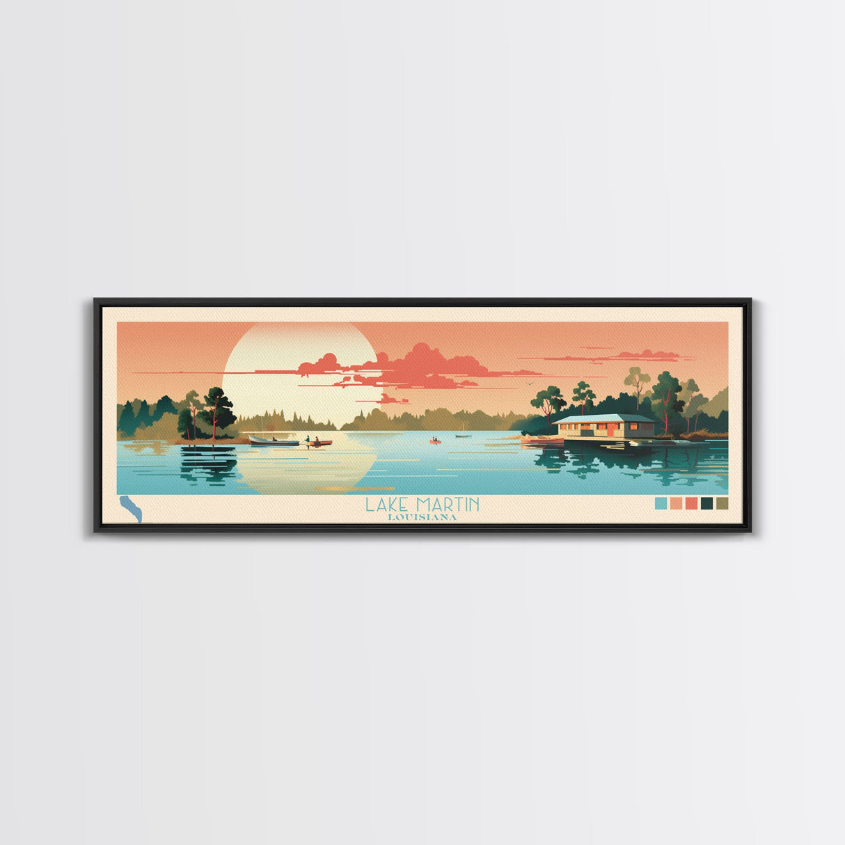 Lake Martin Louisiana Framed Canvas Print, Panoramic Wall Art, Midcentury Modern, Pop Art, Bedroom Art, Travel Poster, Lake House Decor