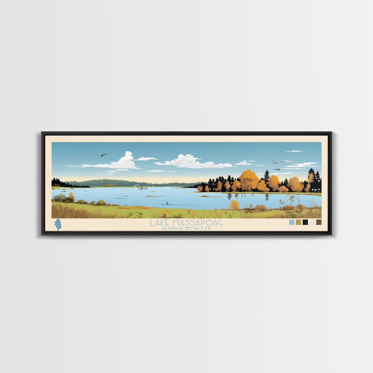 Lake Massapoag Massachusetts Framed Canvas Print, Panoramic Wall Art, Midcentury Modern, Pop Art, Living Room Decor, Travel Poster