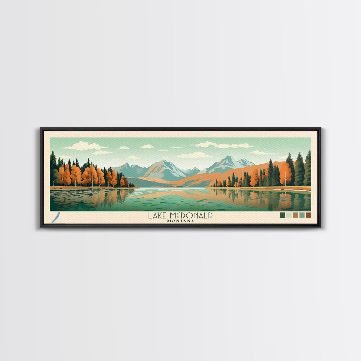 Lake McDonald Montana Framed Canvas Print, Panoramic Wall Art, Midcentury Modern, Pop Art, Living Room Decor, Travel Poster