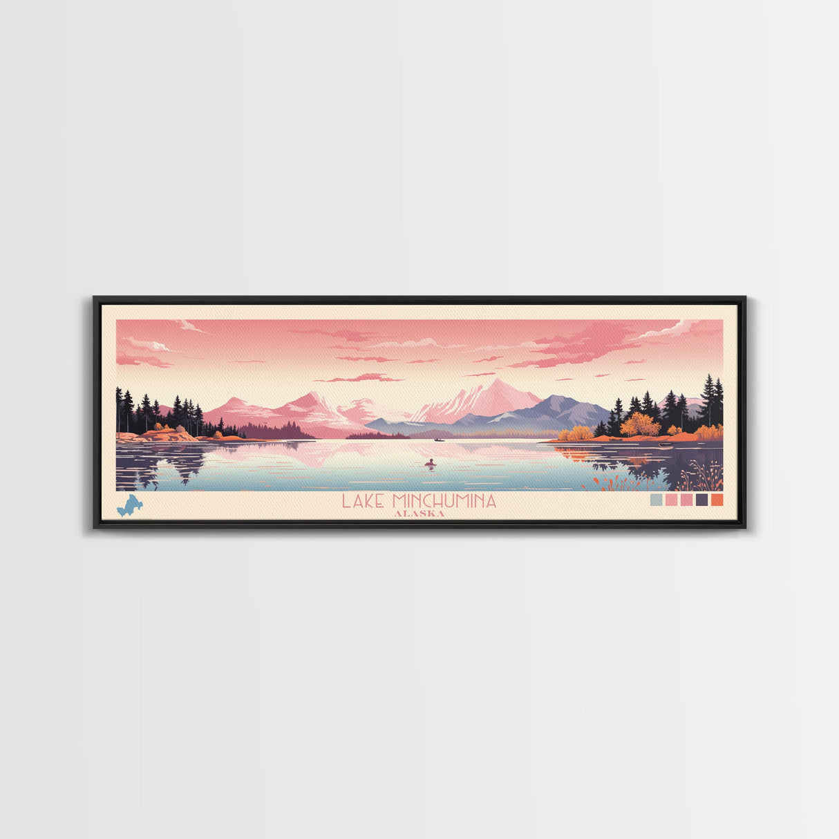 Lake Minchumina Alaska Framed Canvas Print, Panoramic Wall Art, Midcentury Modern, Pop Art, Bedroom Art, Travel Poster, Lake House Decor