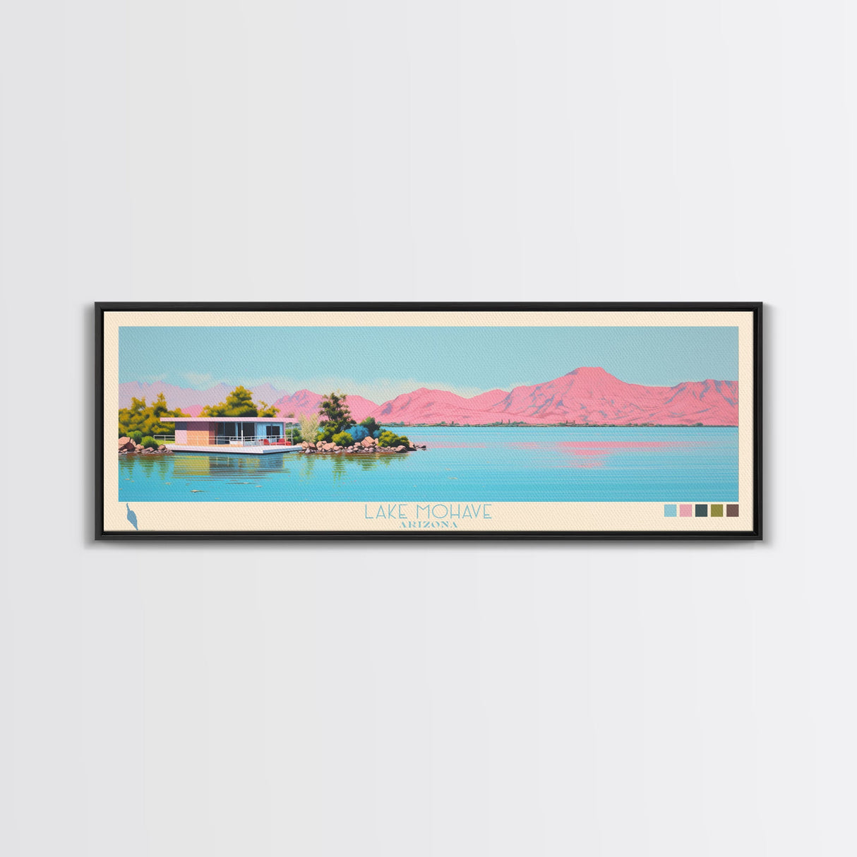 Lake Mohave Arizona Framed Canvas Print, Panoramic Wall Art, Midcentury Modern, Pop Art, Bedroom Art, Travel Poster, Lake House Decor