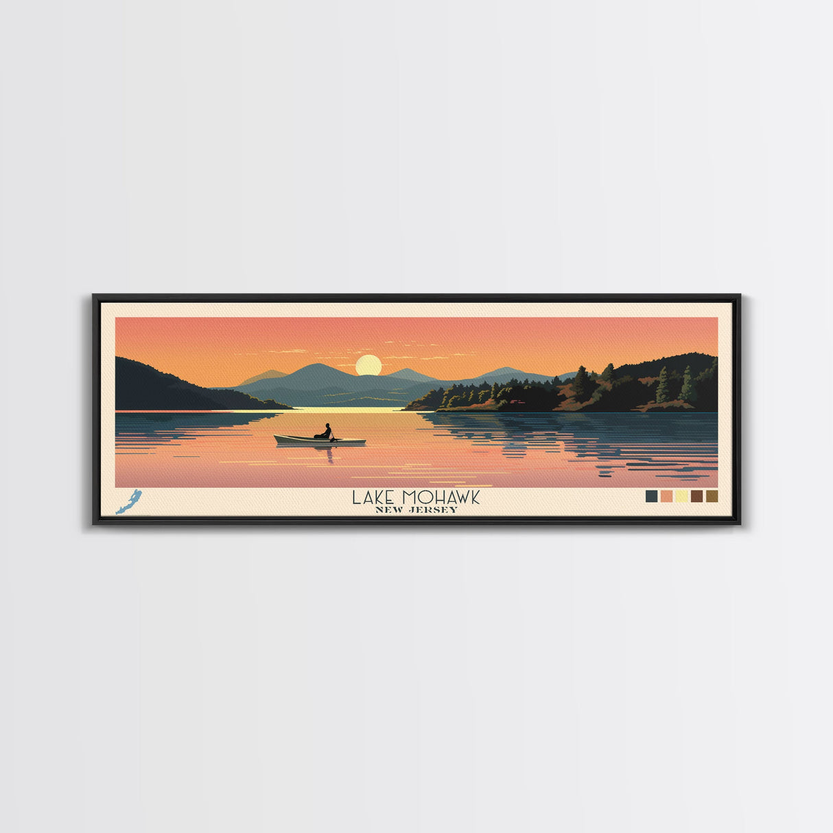 Lake Mohawk New Jersey Framed Canvas Print, Panoramic Wall Art, Midcentury Modern, Pop Art, Living Room Decor, Travel Poster