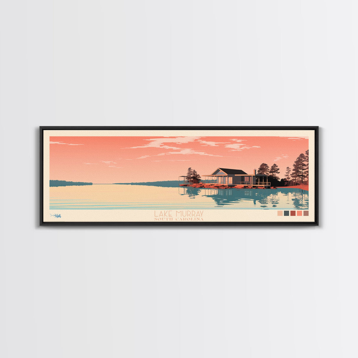 Lake Murray South Carolina Framed Canvas Print, Panoramic Wall Art, Midcentury Modern, Pop Art, Bedroom Art, Travel Poster, Lake House Decor