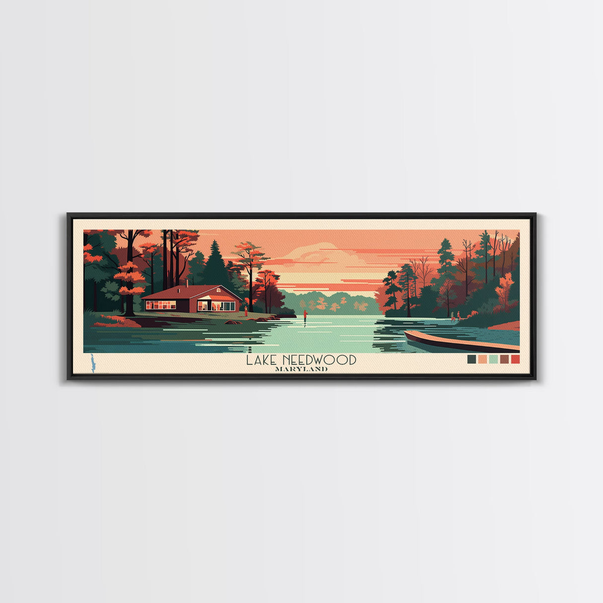 Lake Needwood Maryland Framed Canvas Print, Panoramic Wall Art, Midcentury Modern, Pop Art, Bedroom Art, Travel Poster, Lake House Decor