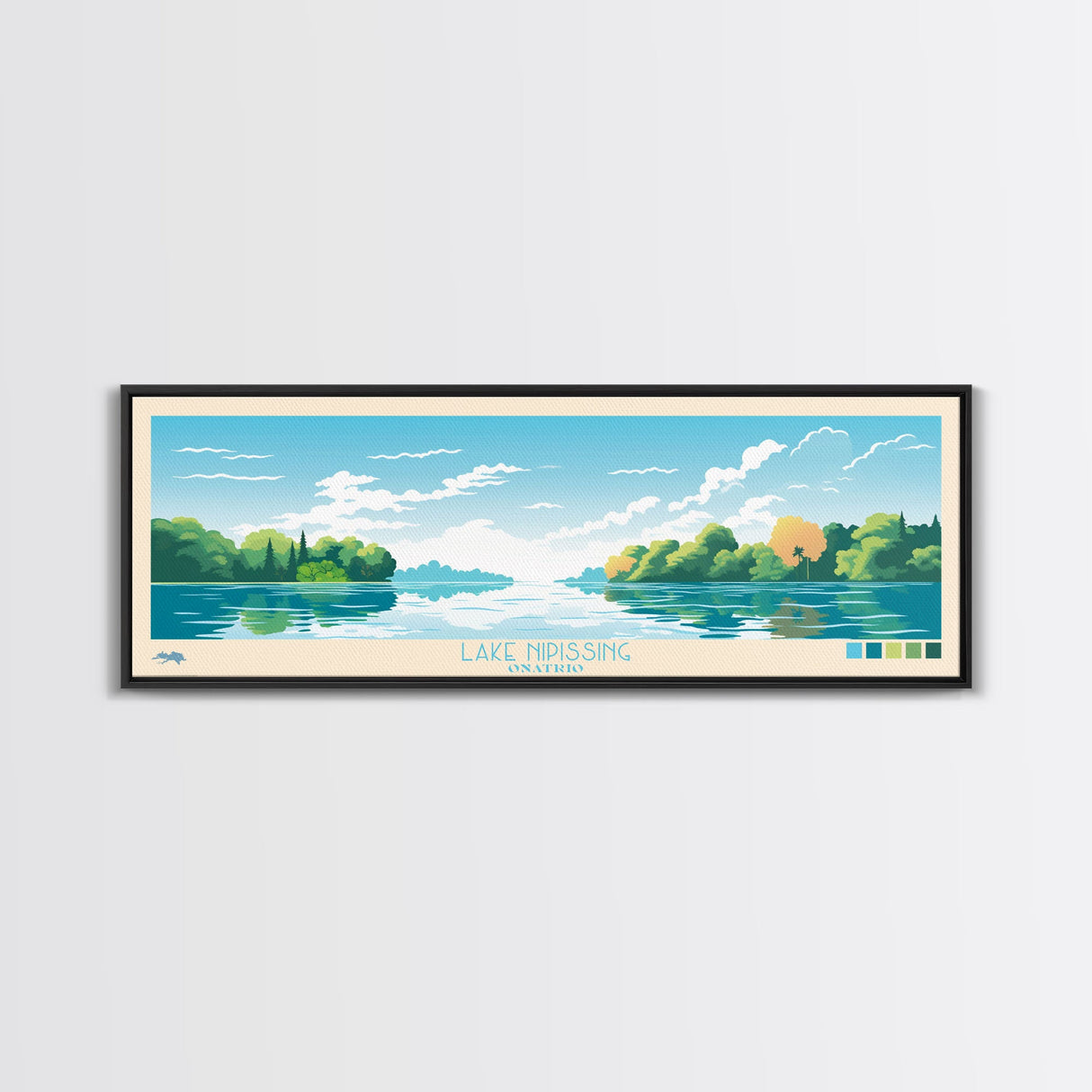 Lake Nipissing Ontario Framed Canvas Print, Panoramic Wall Art, Midcentury Modern, Pop Art, Bedroom Art, Travel Poster, Lake House Decor