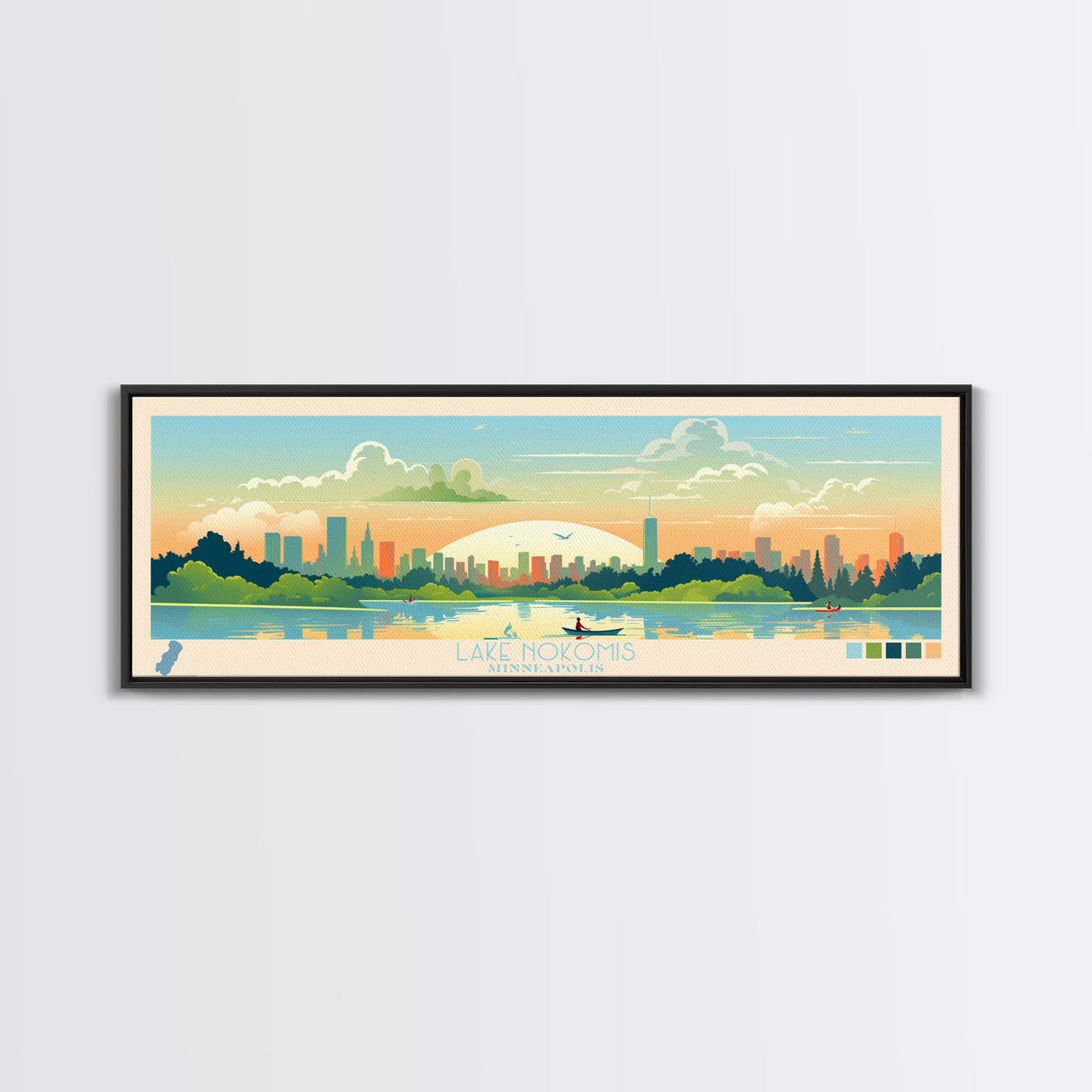 Lake Nokomis Minneapolis Framed Canvas Print, Panoramic Wall Art, Midcentury Modern, Pop Art, Bedroom Art, Travel Poster, Lake House Decor