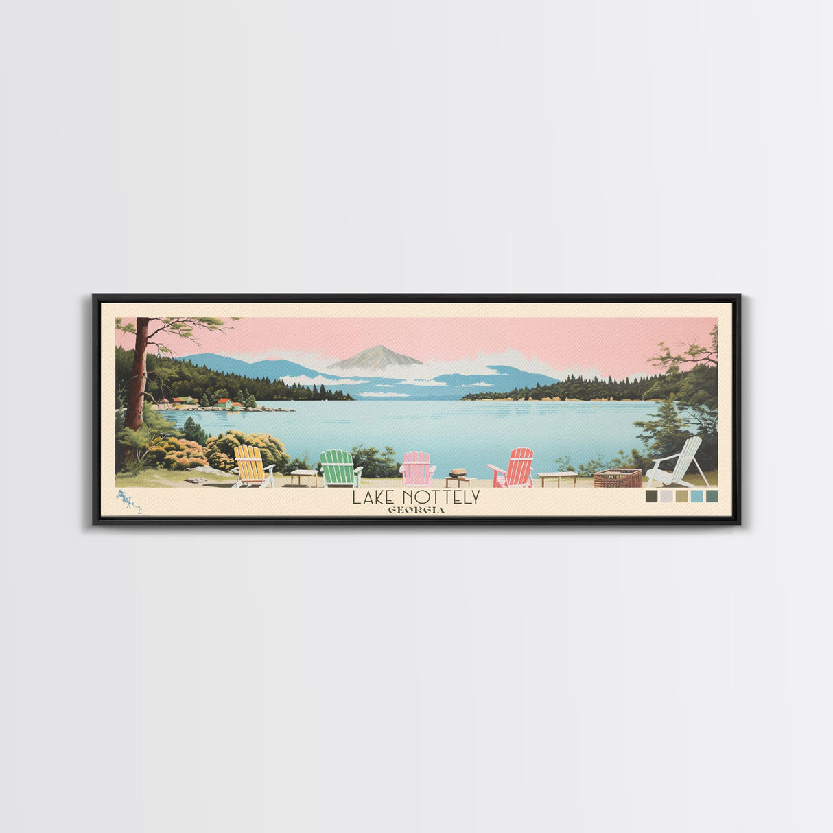 Lake Nottely Georgia Framed Canvas Print, Panoramic Wall Art, Midcentury Modern, Pop Art, Living Room Decor, Travel Poster, Lake House Art