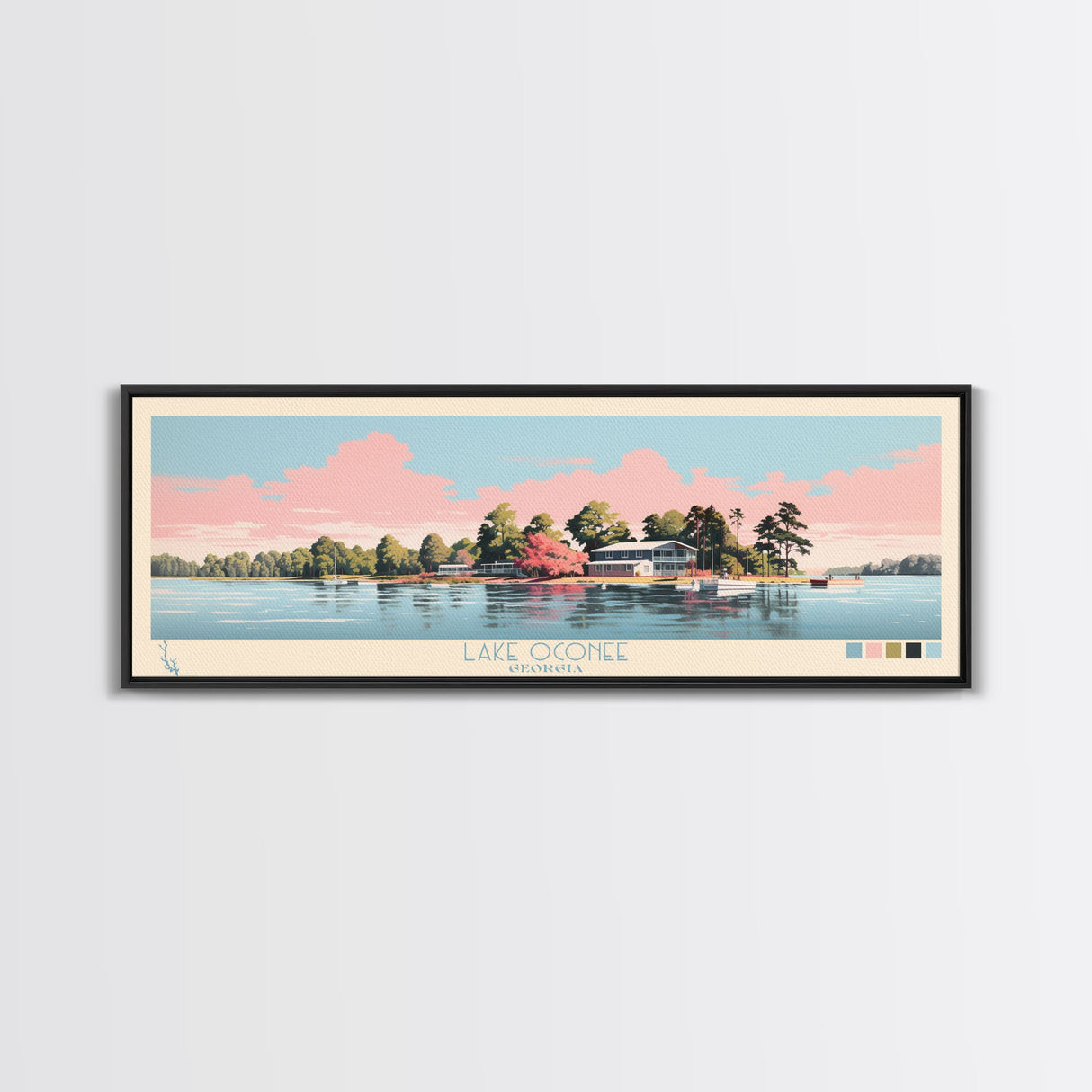 Lake Oconee Georgia Framed Canvas Print, Panoramic Wall Art, Midcentury Modern, Pop Art, Living Room Decor, Travel Poster, Lake House Art