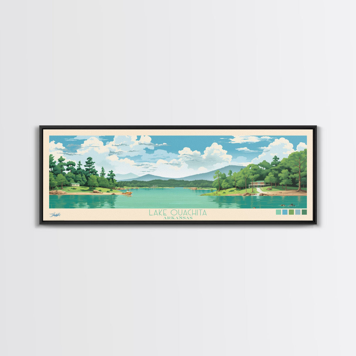 Lake Ouachita Arkansas Framed Canvas Print, Panoramic Wall Art, Midcentury Modern, Pop Art, Living Room Decor, Travel Poster, Lake House Art