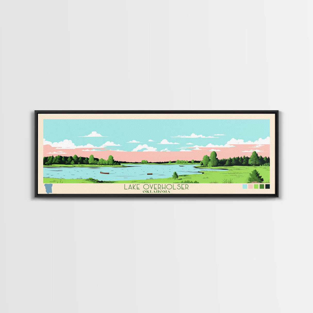 Lake Overholser Oklahoma Framed Canvas Print, Panoramic Wall Art, Midcentury Modern, Pop Art, Bedroom Art, Travel Poster, Lake House Decor