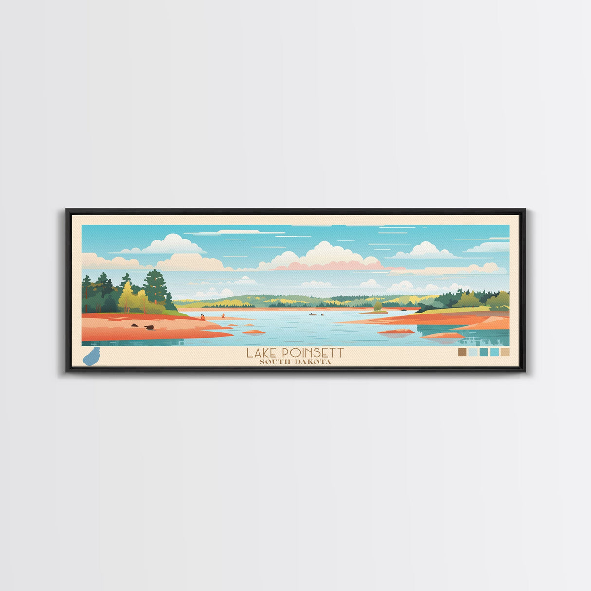 Lake Poinsett South Dakota Framed Canvas Print, Panoramic Wall Art, Midcentury Modern, Pop Art, Bedroom Art, Travel Poster, Lake House Decor