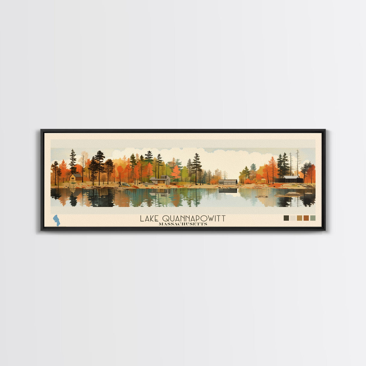 Lake Quannapowitt Massachusetts Framed Canvas Print, Panoramic Wall Art, Midcentury Modern, Pop Art, Bedroom Art, Travel Poster, Lake House Decor