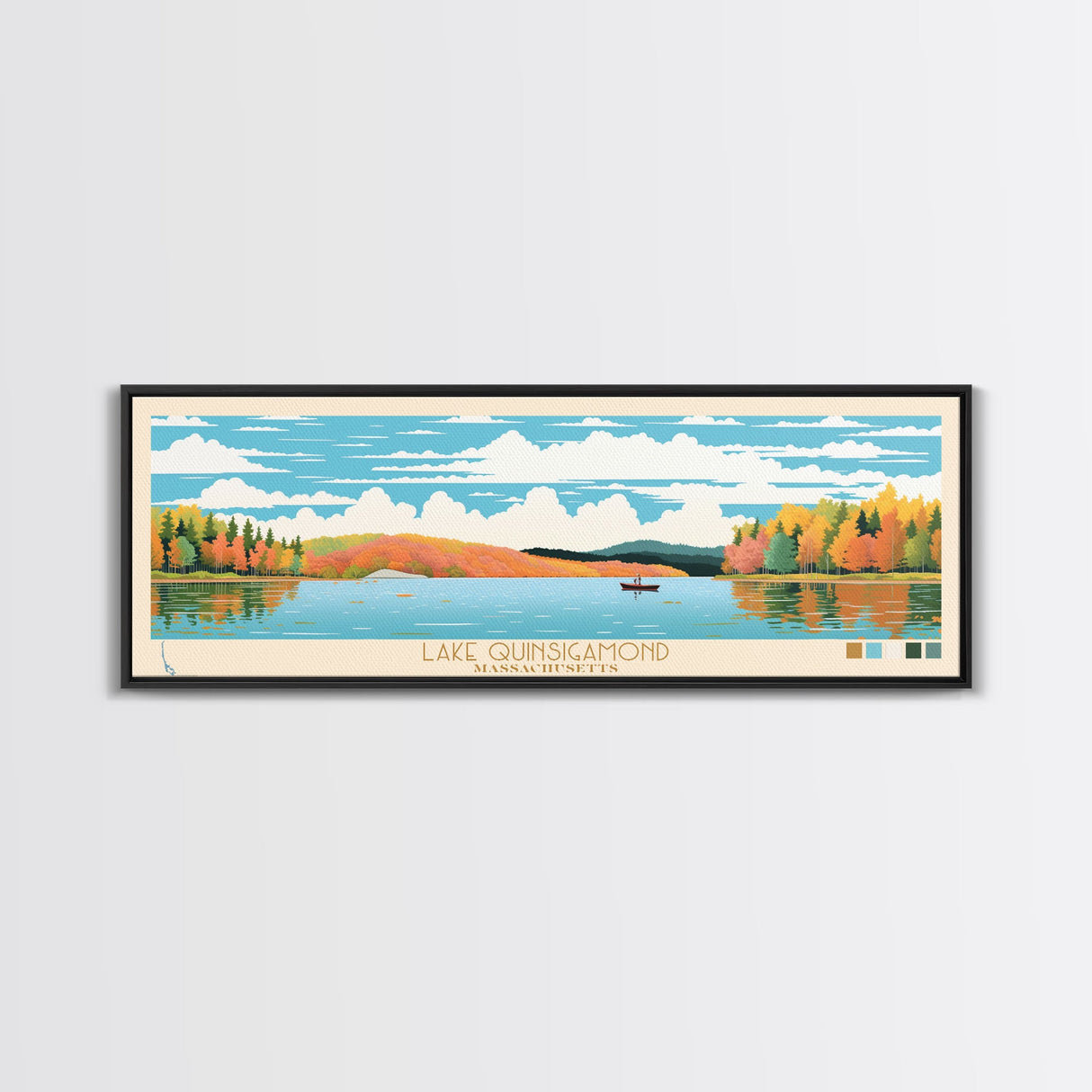 Lake Quinsigamond Massachusetts Framed Canvas Print, Panoramic Wall Art, Midcentury Modern, Pop Art, Bedroom Art, Travel Poster, Lake House Decor