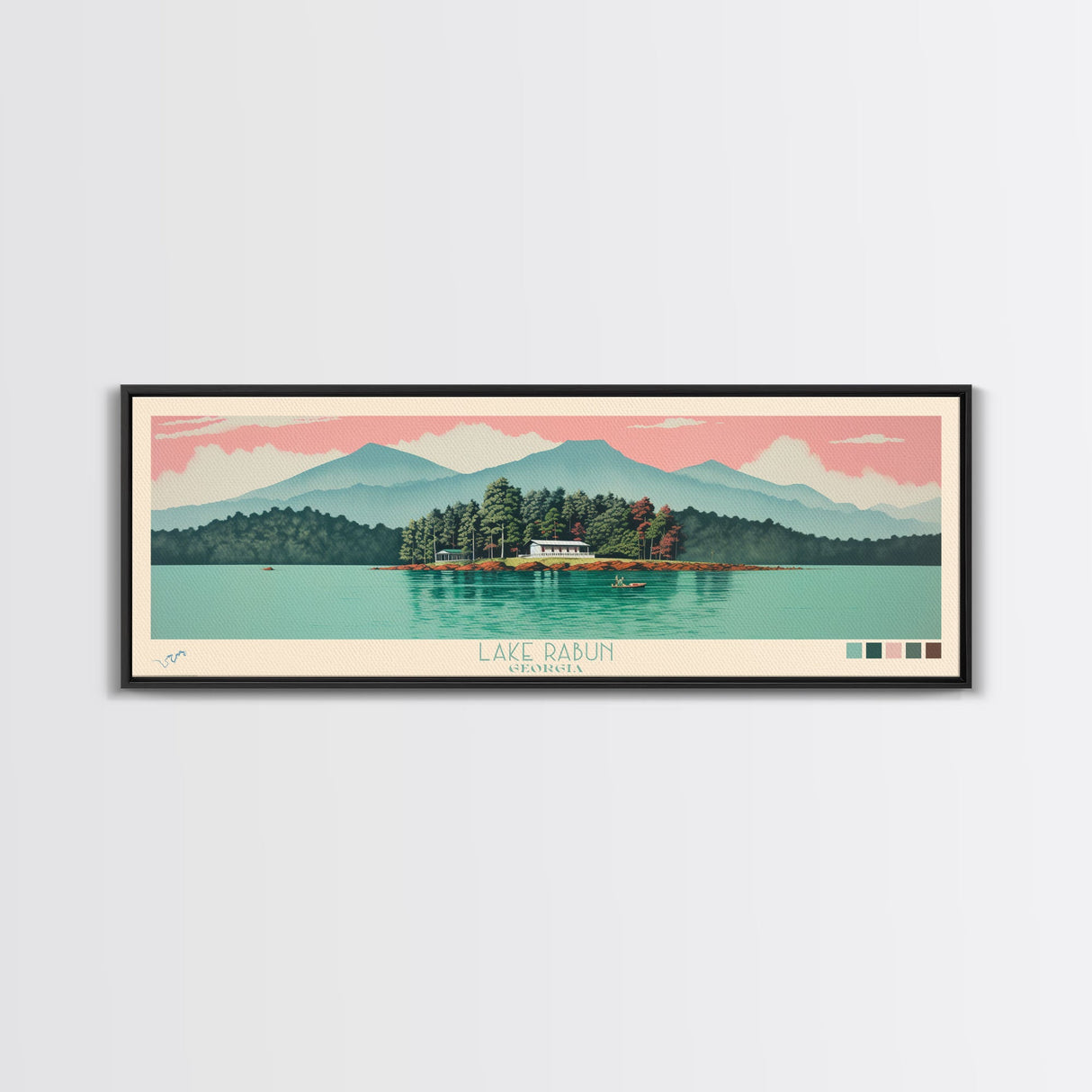 Lake Rabun Georgia Framed Canvas Print, Panoramic Wall Art, Midcentury Modern, Pop Art, Living Room Decor, Travel Poster, Lake House Art