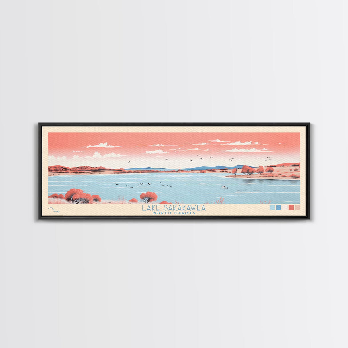 Lake Sakakawea North Dakota Framed Canvas Print, Panoramic Wall Art, Midcentury Modern, Pop Art, Living Room Decor, Travel Poster, Lake House Art