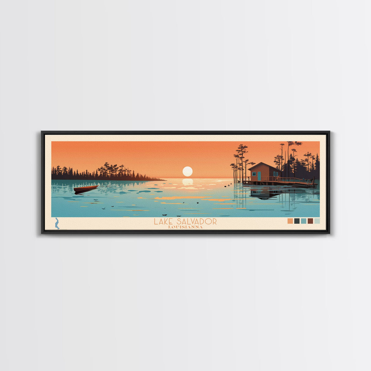 Lake Salvador Louisiana Framed Canvas Print, Panoramic Wall Art, Midcentury Modern, Pop Art, Bedroom Art, Travel Poster, Lake House Decor