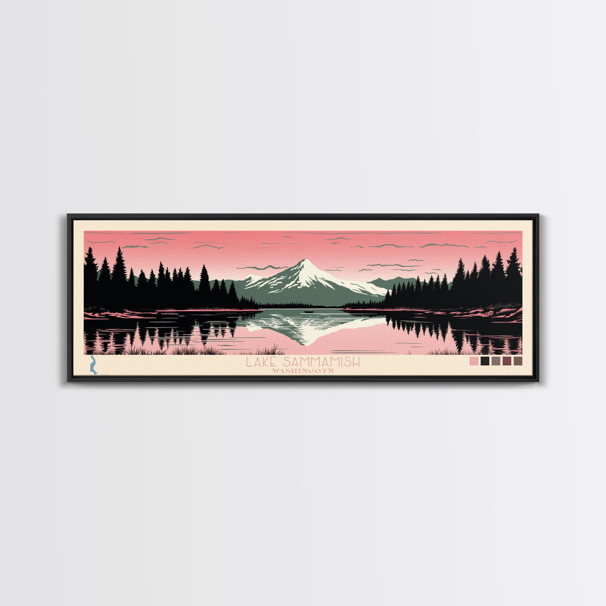 Lake Sammamish Washington Framed Canvas Print, Panoramic Wall Art, Midcentury Modern, Pop Art, Bedroom Art, Travel Poster, Lake House Decor