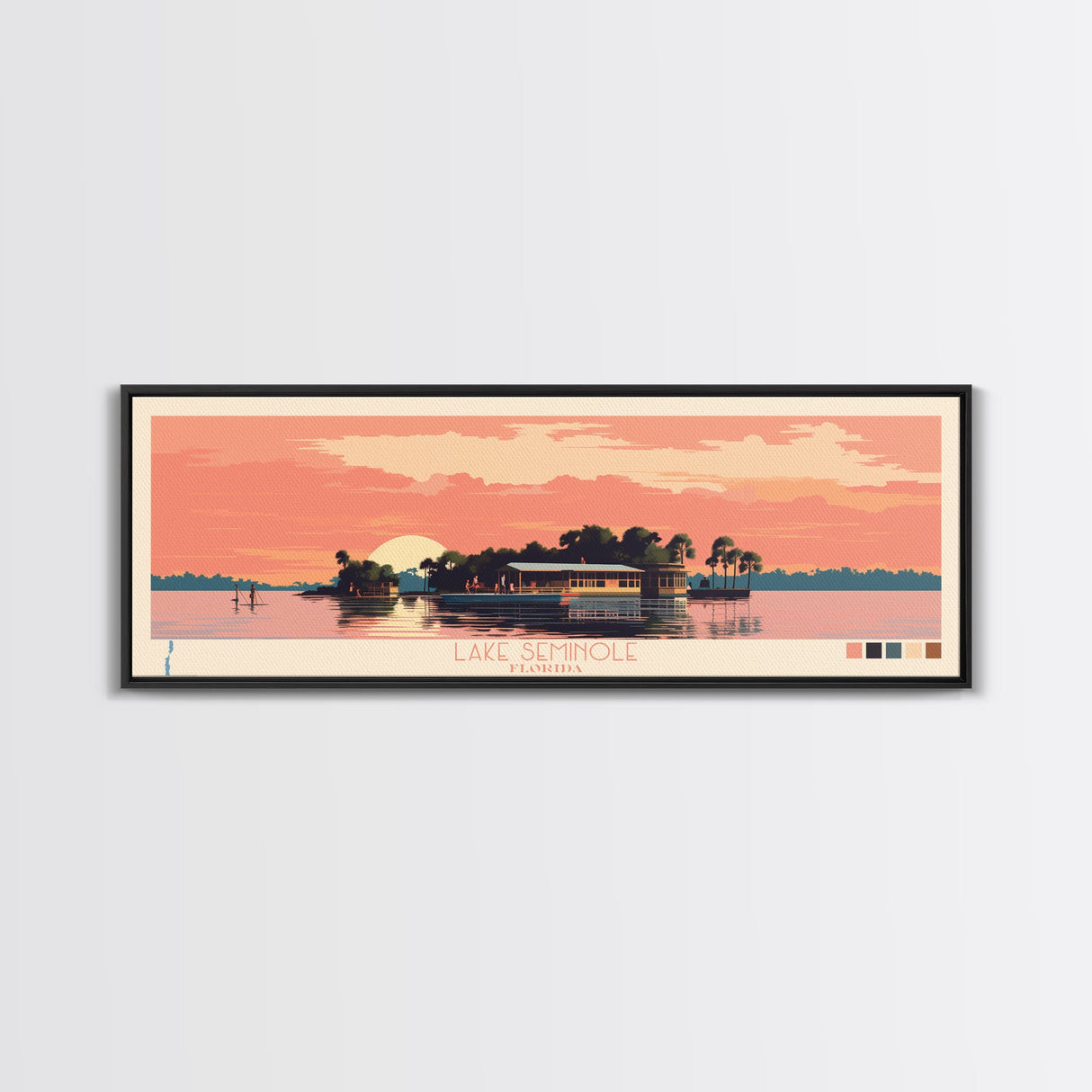 Lake Seminole Florida Framed Canvas Print, Panoramic Wall Art, Midcentury Modern, Pop Art, Bedroom Art, Travel Poster, Lake House Decor