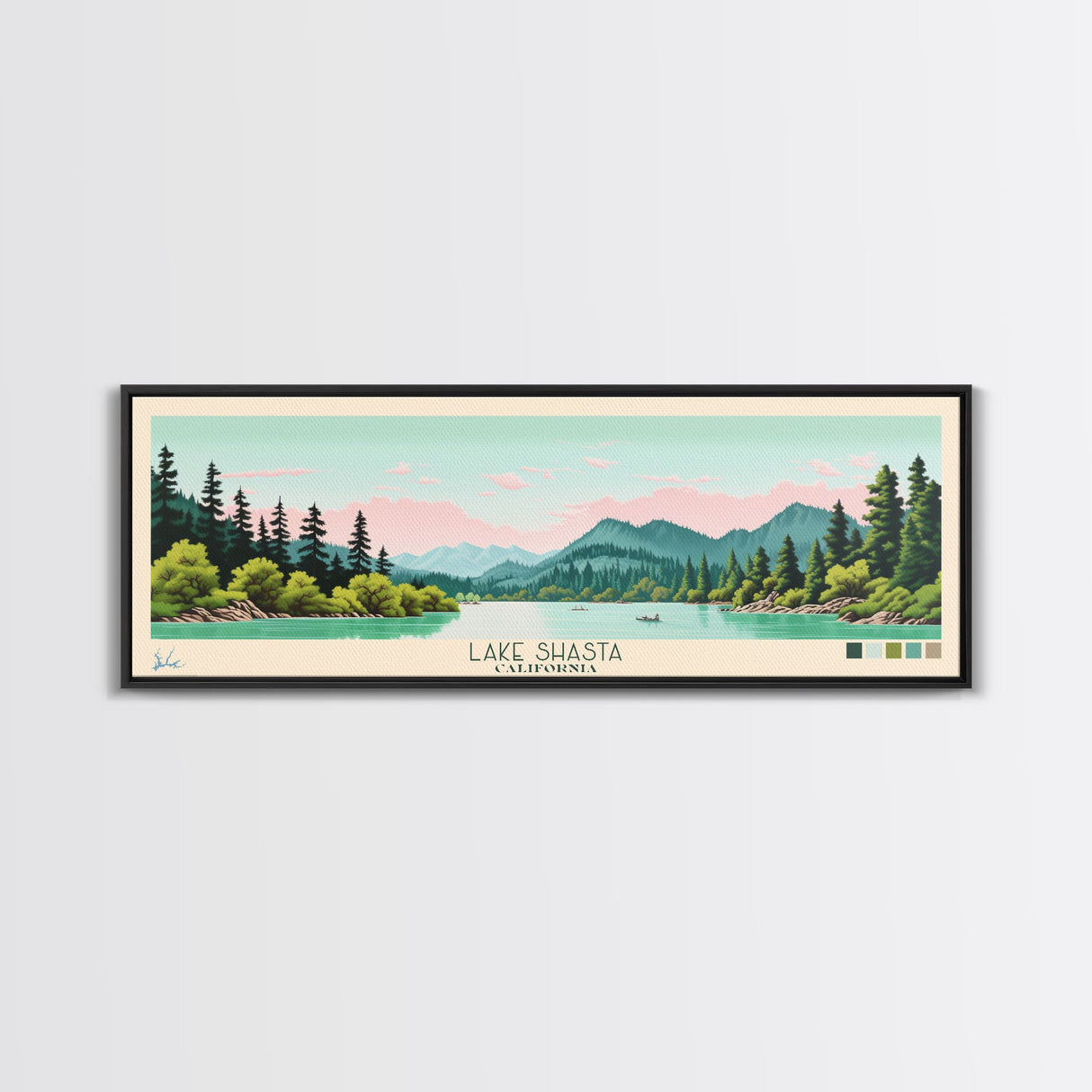 Lake Shasta California Framed Canvas Print, Panoramic Wall Art, Midcentury Modern, Pop Art, Living Room Decor, Travel Poster, Lake House Art