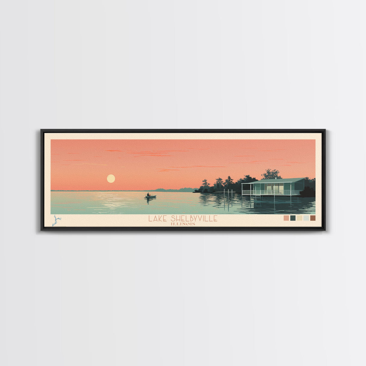 Lake Shelbyville Illinois Framed Canvas Print, Panoramic Wall Art, Midcentury Modern, Pop Art, Bedroom Art, Travel Poster, Lake House Decor