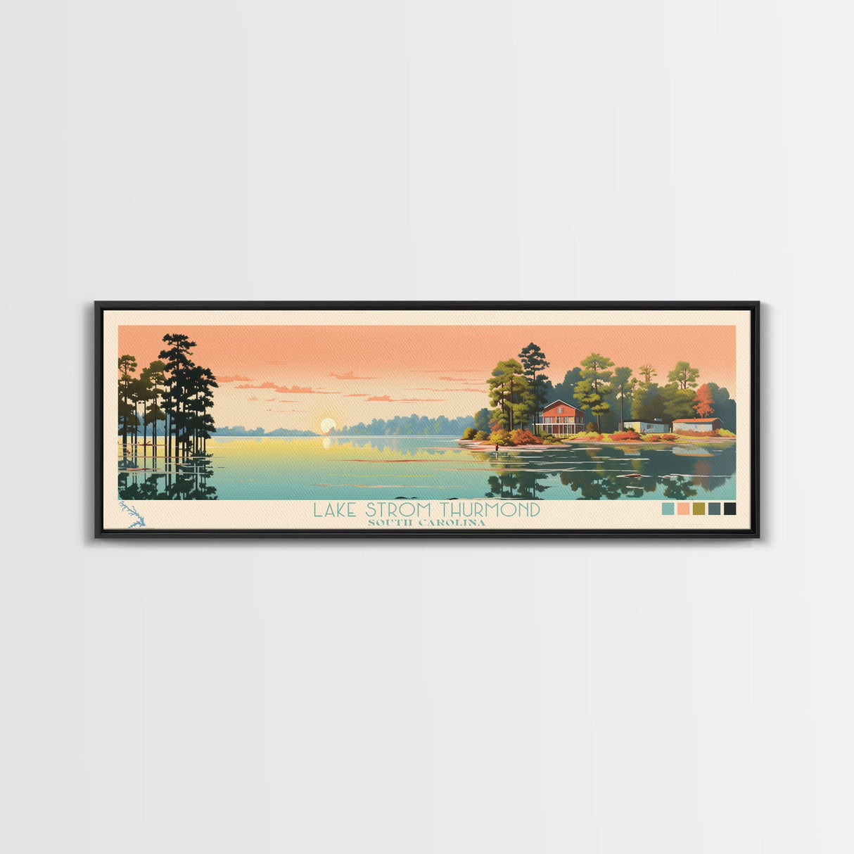 Lake Strom Thurmond South Carolina Framed Canvas Print, Panoramic Wall Art, Midcentury Modern, Pop Art, Living Room Decor, Travel Poster, Lake House Art