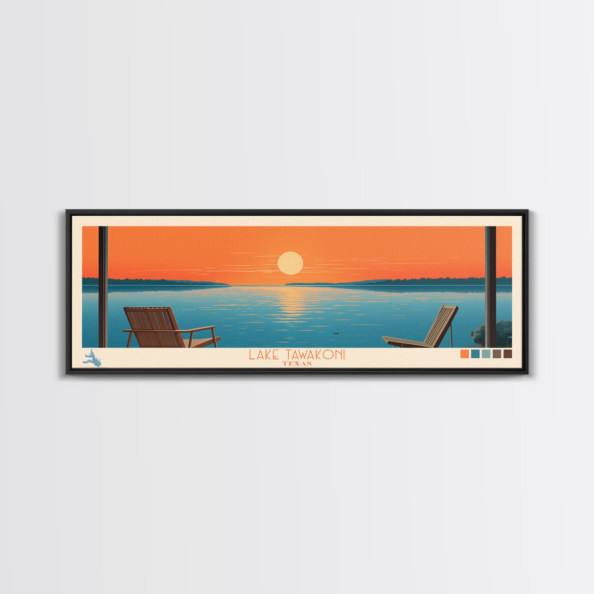 Lake Tawakoni Texas Framed Canvas Print, Panoramic Wall Art, Midcentury Modern, Pop Art, Bedroom Art, Travel Poster, Lake House Decor