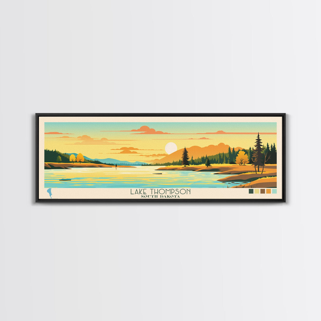 Lake Thompson South Dakota Framed Canvas Print, Panoramic Wall Art, Midcentury Modern, Pop Art, Bedroom Art, Travel Poster, Lake House Decor